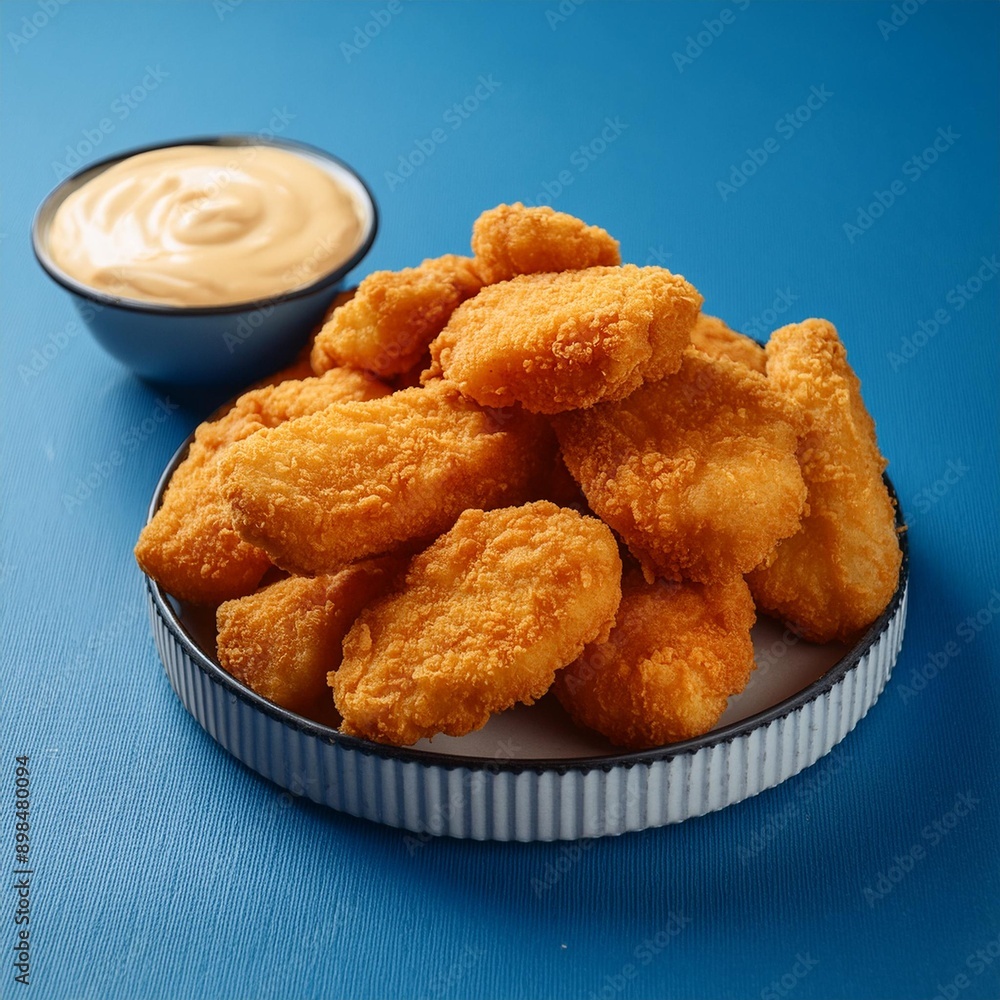 Spicy fried crispy chicken nuggets on blue background Spicy fried crispy chicken nuggets on blue background