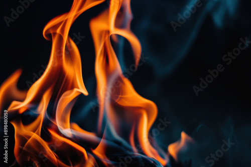 Vivid close-up of intertwined orange and blue flames against a dark background, capturing the dynamic and intense beauty of fire in motion.