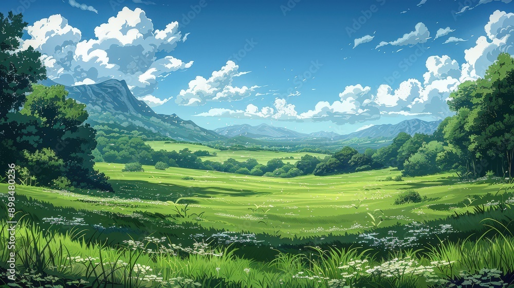 Obraz premium Serene Meadow Surrounded by Majestic Mountains and Lush Greenery