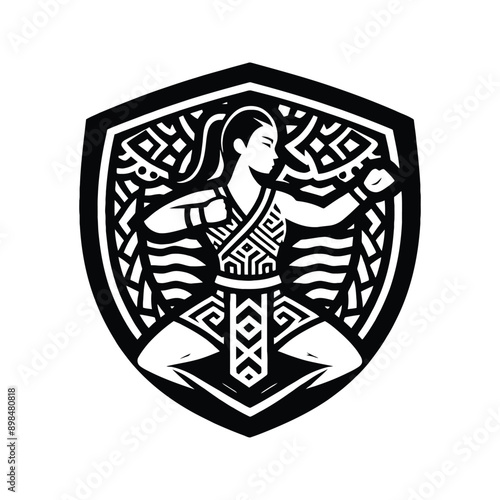 kungfu, Tai Chi  female player in ethnic polynesia pattern illustration, emblem shield badge