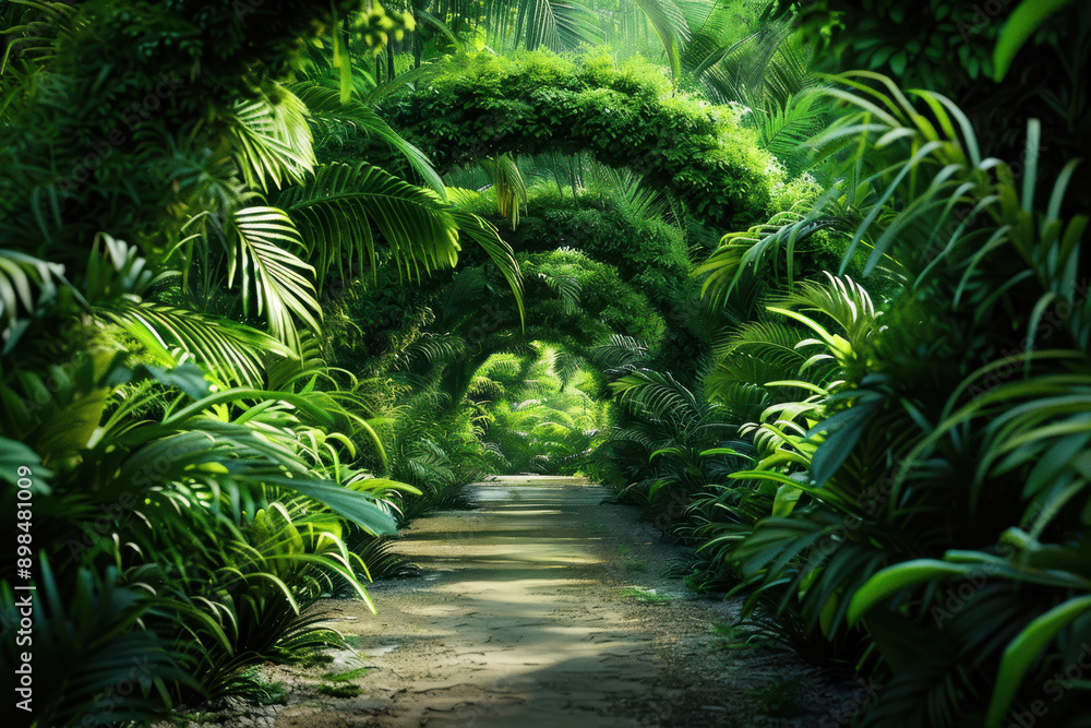 Fototapeta premium Serene tropical jungle pathway enveloped by lush green foliage and arched vegetation creating a tranquil nature landscape scene.