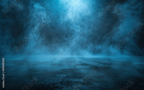 Mysterious foggy scene with blue light illuminating cracked ground, creating an eerie atmosphere perfect for spooky, sci-fi, or fantasy themes.