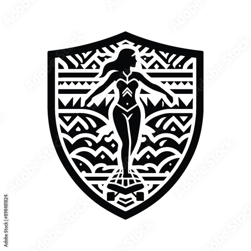 Skateboarding, longboarding  female player in ethnic polynesia pattern illustration, emblem shield badge