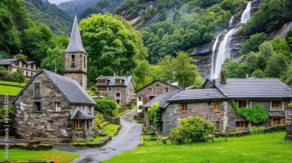 A charming village in the Swiss Alps with traditional wooden houses, lush green meadows, and a stunning waterfall cascading down the mountainside A charming village in the Swiss Alps with traditional wooden houses, lush green meadows, and a stunning waterfall cascading down the mountainside