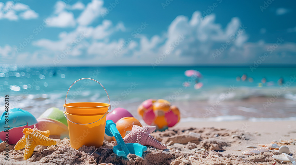 Beach toys are standing on the sand of a beach with people swimming in the background Beach toys are standing on the sand of a beach with people swimming in the background
