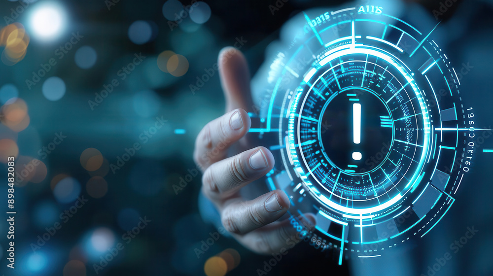 Digital caution alert, holographic warning icon, advanced notification, hightech design Digital caution alert, holographic warning icon, advanced notification, hightech design