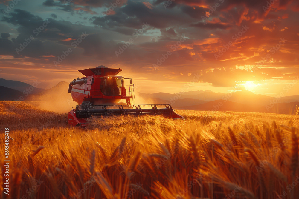 Fototapeta premium Modern industrial combine harvester harvesting wheat on agricultural field at sunset. Grain harvester, harvest, summertime. Time to harvest, agriculture