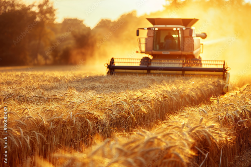 Modern industrial combine harvester harvesting wheat on agricultural field at sunset. Grain harvester, harvest, summertime. Time to harvest, agriculture Modern industrial combine harvester harvesting wheat on agricultural field at sunset. Grain harvester, harvest, summertime. Time to harvest, agriculture