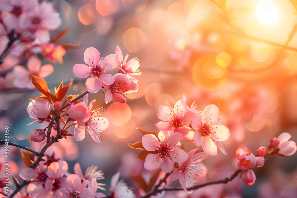 Blossoming Cherry Blossoms in Golden Sunset Light Blossoming Cherry Blossoms in Golden Sunset Light