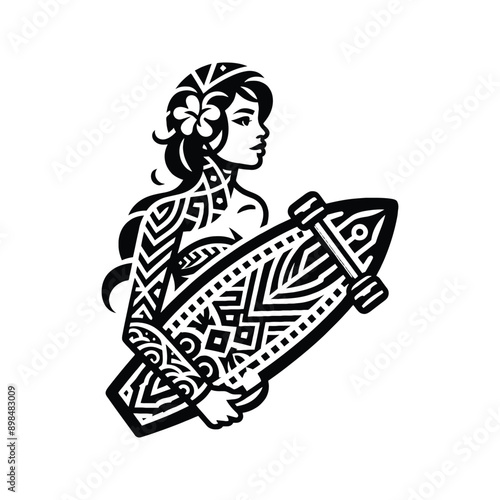 Skateboarding, longboarding  female player in ethnic polynesia pattern illustration, emblem shield badge