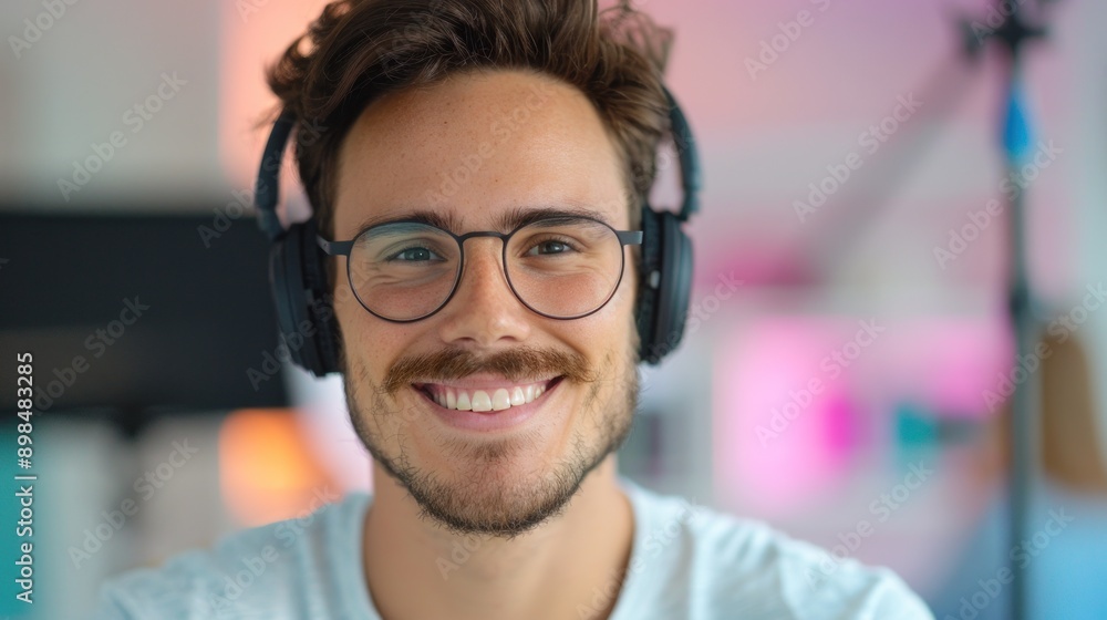 Professional podcaster live streaming and podcast at modern studio. Professional podcaster live streaming and podcast at modern studio.