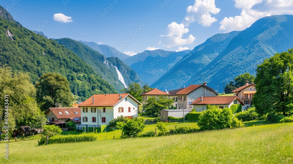A charming village in the Swiss Alps with traditional wooden houses, lush green meadows, and a stunning waterfall cascading down the mountainside A charming village in the Swiss Alps with traditional wooden houses, lush green meadows, and a stunning waterfall cascading down the mountainside