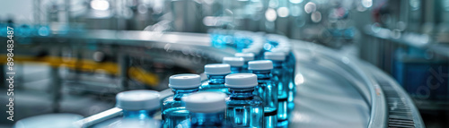 Modern automated bottling line in a factory, showcasing rows of blue liquid-filled bottles on a conveyor belt. Industrial manufacturing process.