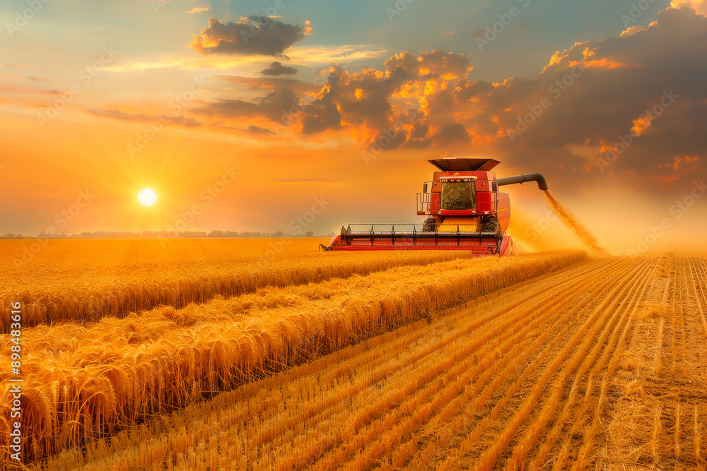 Modern industrial harvester harvesting wheat in an agricultural field at sunset. Grain combine harvester in summer. Harvest time, agriculture Modern industrial harvester harvesting wheat in an agricultural field at sunset. Grain combine harvester in summer. Harvest time, agriculture