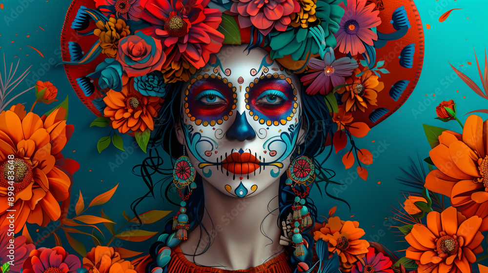 Beautiful woman with a sombrero and calavera makeup is posing with colorful flowers for day of the dead Beautiful woman with a sombrero and calavera makeup is posing with colorful flowers for day of the dead