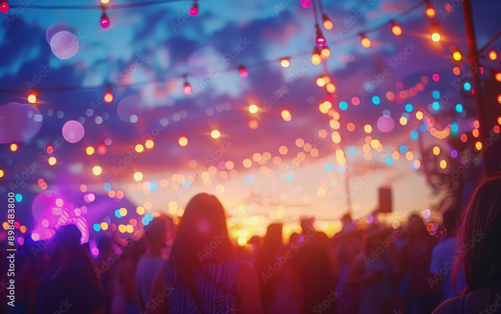 Fototapeta premium Vibrant outdoor festival at sunset with colorful string lights and a lively crowd creating a festive atmosphere against a scenic sky.