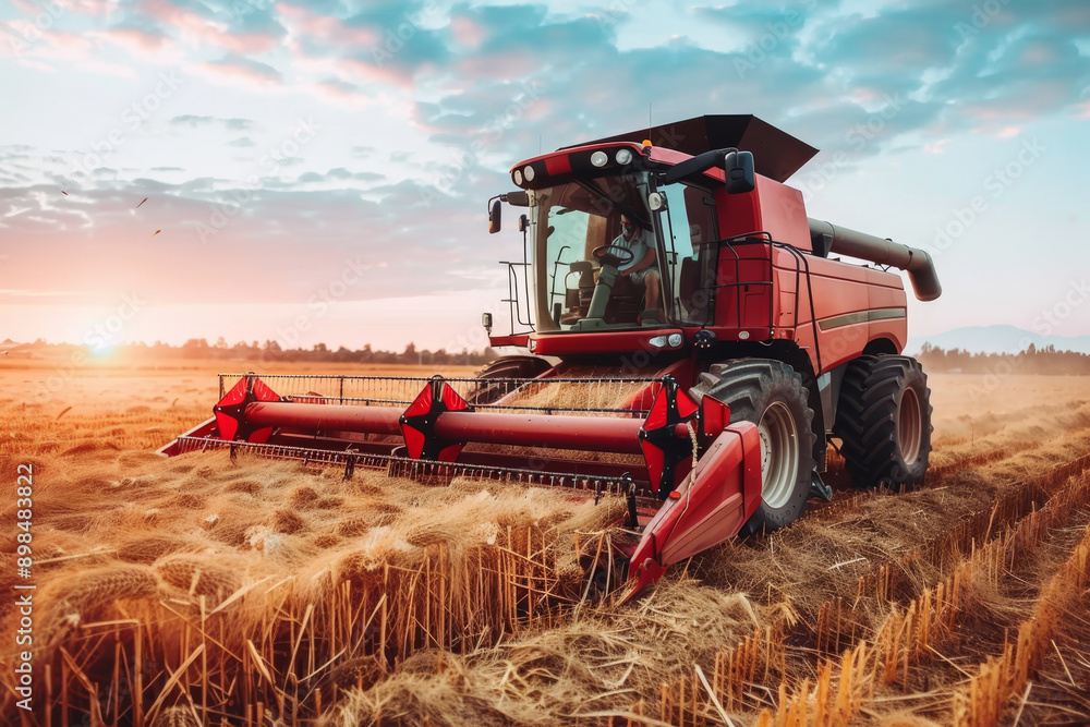 Fototapeta premium Modern industrial harvester harvesting wheat in an agricultural field at sunset. Grain combine harvester in summer. Harvest time, agriculture