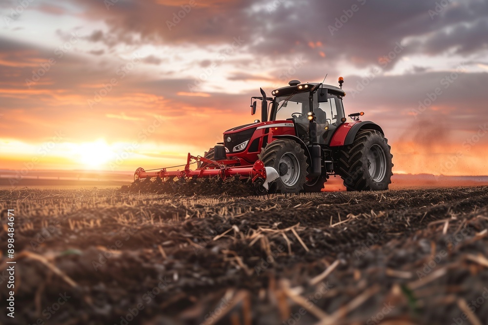 Obraz premium Agricultural combine harvester working at sunset, combine harvester plowing field