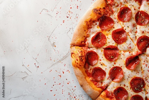 top-down view of pepperoni pizza with crispy crust, perfect for promotional food photography, copy space for text photo