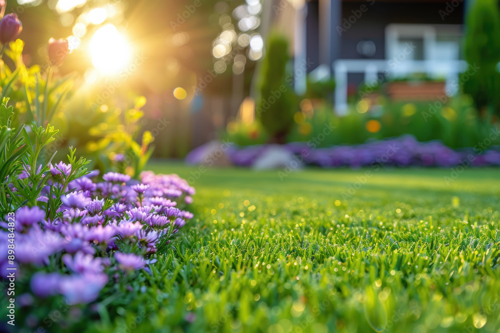 Obraz premium Sunlit garden with lush green grass, vibrant purple flowers, and a picturesque house in the background, showcasing a serene and well-maintained outdoor space.