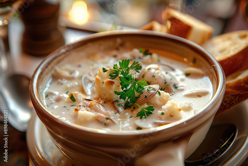 Clam chowder in a rustic bowl with fresh bread slices