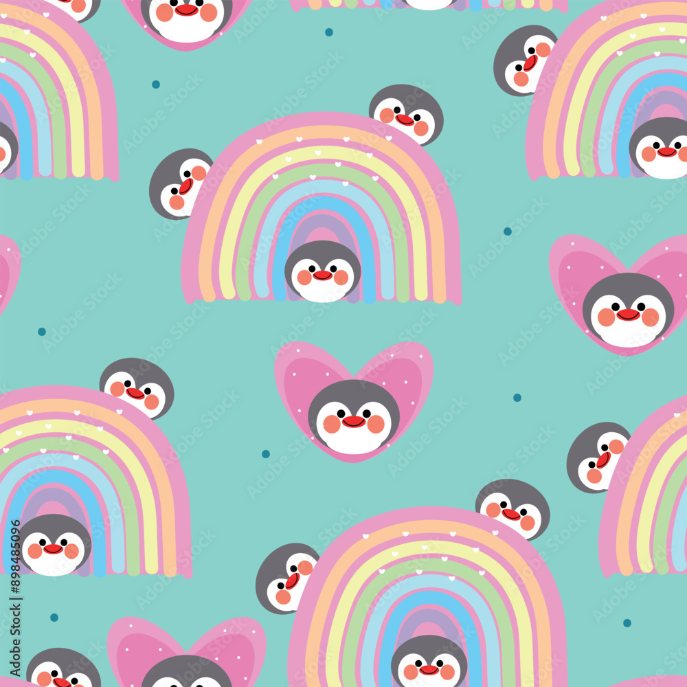 Fototapeta premium Seamless pattern with cute cartoon penguins and colorful rainbows, for fabric prints, textiles, gift wrapping paper. children's colorful vector, flat style