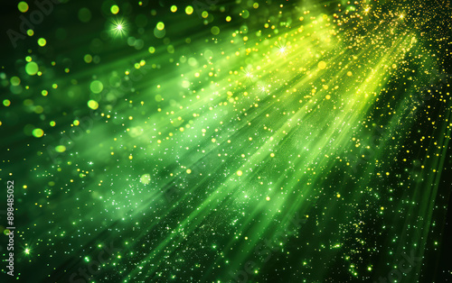 Vibrant green and yellow light streaks with bokeh effect, creating a radiant, magical, and festive atmosphere ideal for celebrations and abstract designs.