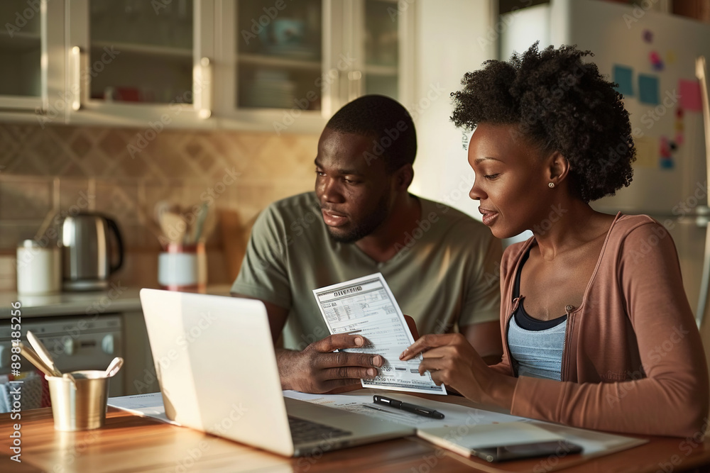 Couple reviewing finances with laptop in kitchen Couple reviewing finances with laptop in kitchen
