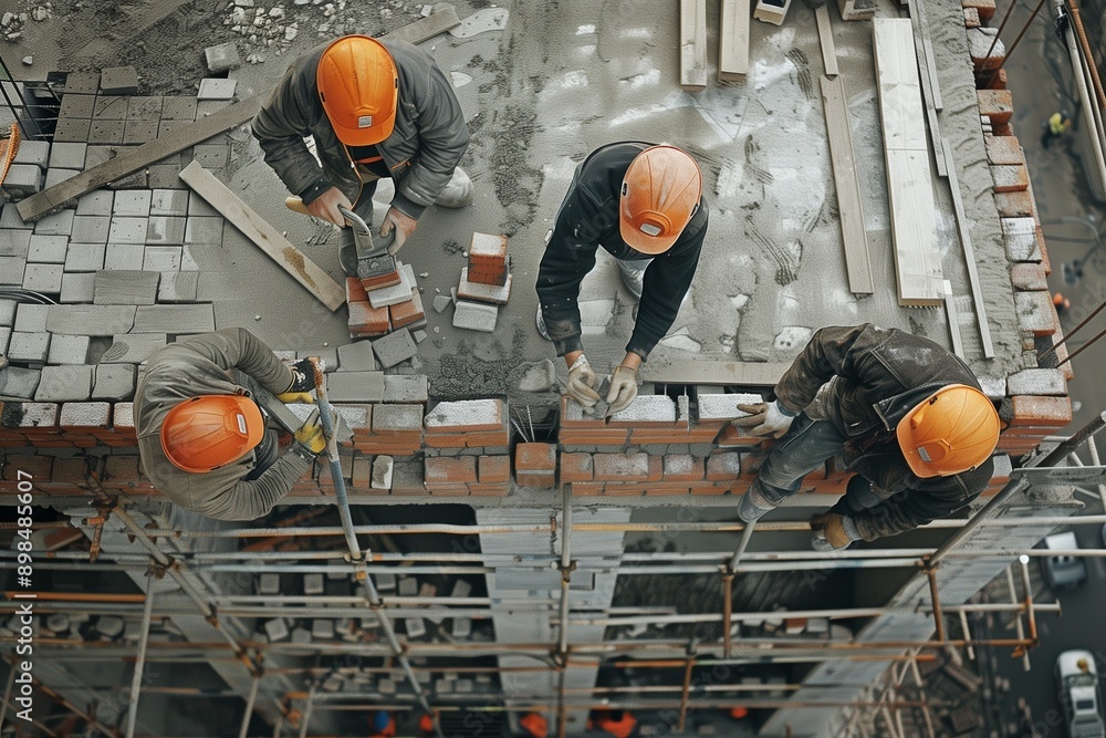 Workers in hard hats at a construction site build standard houses Workers in hard hats at a construction site build standard houses