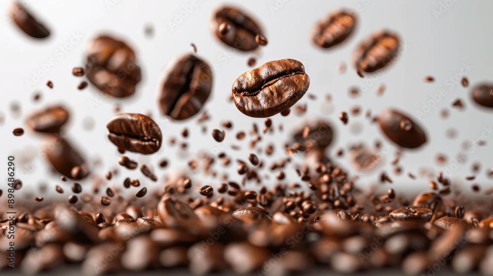 Close-up of coffee beans in mid-air, showcasing their rich texture and color as they float and tumble in motion. Close-up of coffee beans in mid-air, showcasing their rich texture and color as they float and tumble in motion.