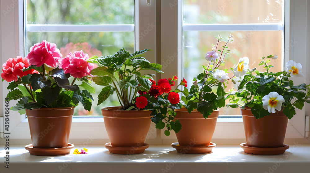 Different beautiful potted flowers on windowsill indoors ,Flowers on a window board in the old rural house ,Bouquet of artificial flowers in a window to look through the window relaxation concept Different beautiful potted flowers on windowsill indoors ,Flowers on a window board in the old rural house ,Bouquet of artificial flowers in a window to look through the window relaxation concept