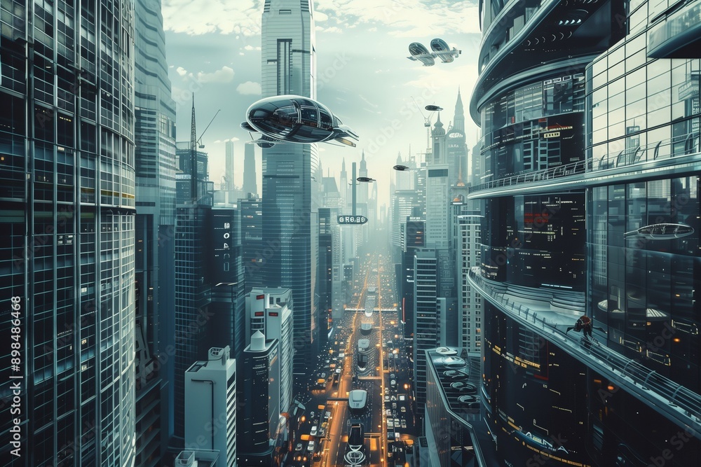 Obraz premium Future metropolis with flying cars and drones. Air taxi, city of the future