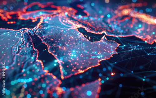 High-tech digital map of the Middle East with glowing data points and network connections, showcasing technological connectivity.
