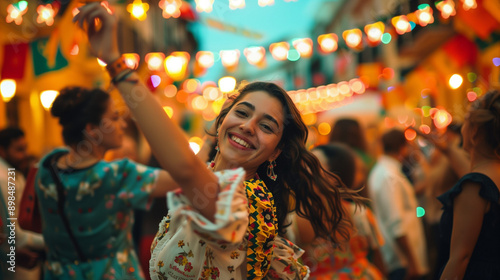 Málaga Feria Festival, the streets are filled with people wearing traditional clothes and dancing happily, Ai generated Images