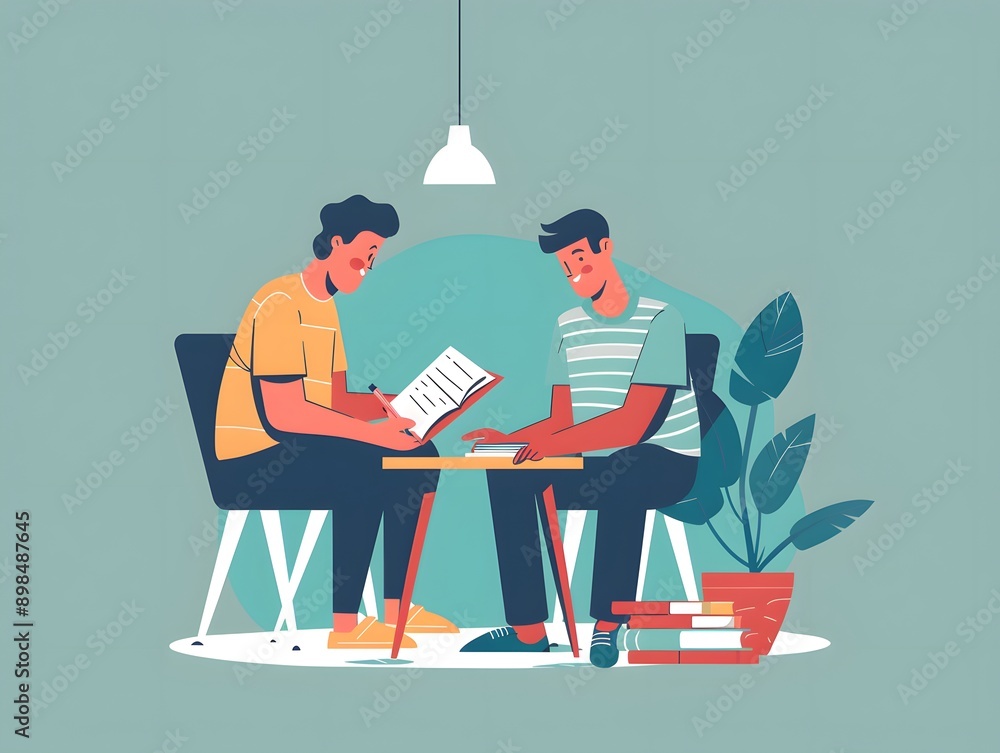 Two men studying together at a table with books and plants, emphasizing teamwork and education in a calm, inspiring atmosphere.