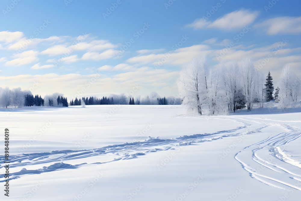 Ethereal Snow-covered Rural Landscape during Early Winter – A Fresh Blanket of Snow Emanating a Tranquil Solitude Ethereal Snow-covered Rural Landscape during Early Winter – A Fresh Blanket of Snow Emanating a Tranquil Solitude