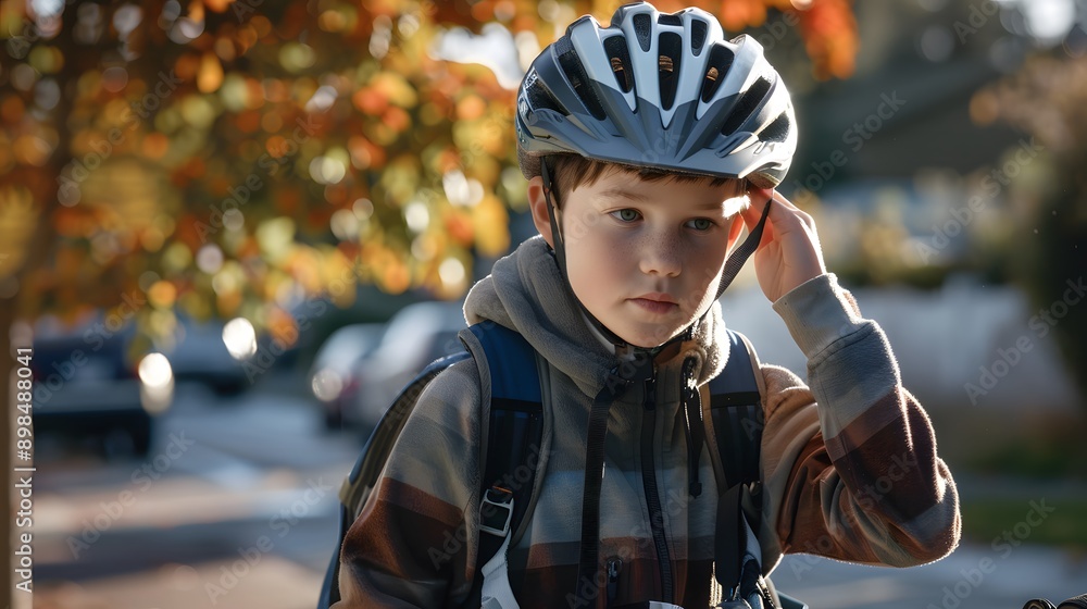 Young boy in a helmet and backpack on a sunny day, ready for an adventure. Autumn leaves in the background add a warm touch. Young boy in a helmet and backpack on a sunny day, ready for an adventure. Autumn leaves in the background add a warm touch.