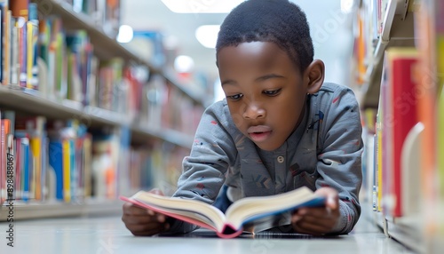 Young boy reading a book while lying on the floor in a library, surrounded by bookshelves filled with various books, focused on the pages.