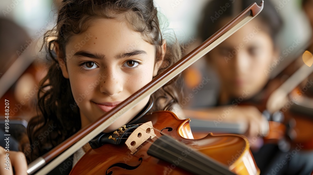 Young girl playing violin in an orchestra, focusing intently on her music, with other players in the background. Young girl playing violin in an orchestra, focusing intently on her music, with other players in the background.