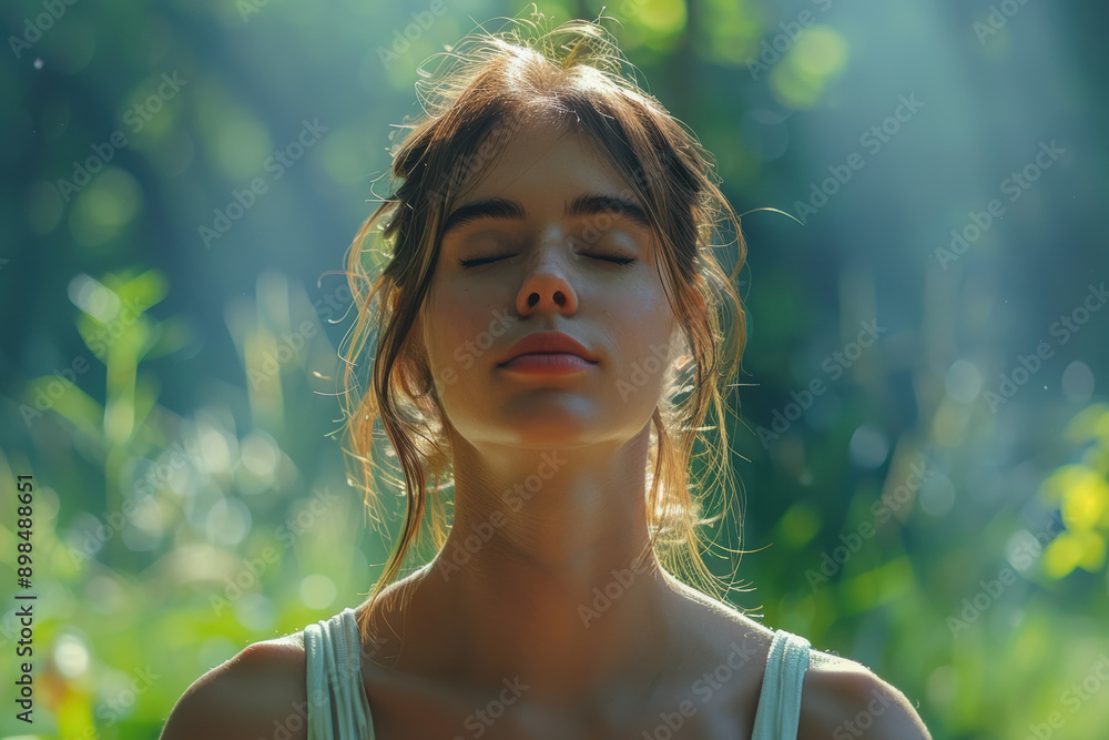 Serene woman in nature with closed eyes, embracing peace and tranquility in a sunlit forest. A moment of mindfulness and inner reflection. Serene woman in nature with closed eyes, embracing peace and tranquility in a sunlit forest. A moment of mindfulness and inner reflection.
