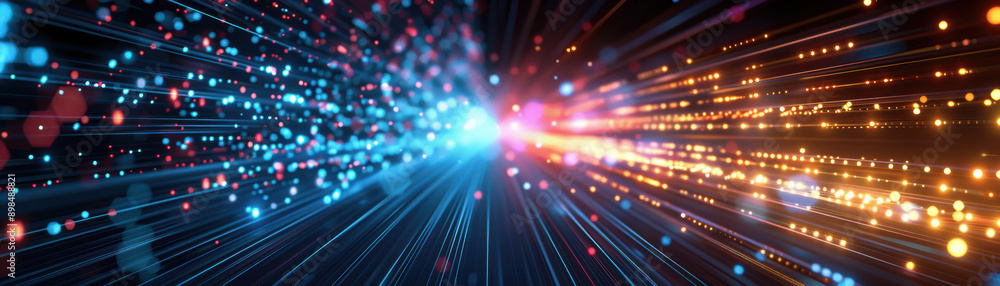 Abstract digital light trails in blue and orange hues representing high-speed data flow and futuristic technology. Image suitable for tech themes. Abstract digital light trails in blue and orange hues representing high-speed data flow and futuristic technology. Image suitable for tech themes.