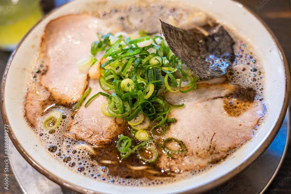 Spicy tonkotsu yobimodoshi ramen with block fried onion oil, Kurume ramen, Fukuoka, Japan