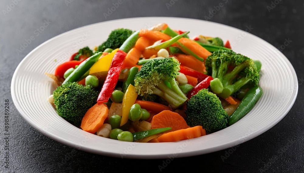 Colorful mixed vegetable stir-fry served in a white plate, showcasing freshness and vibrant flavors for healthy eating. Colorful mixed vegetable stir-fry served in a white plate, showcasing freshness and vibrant flavors for healthy eating.