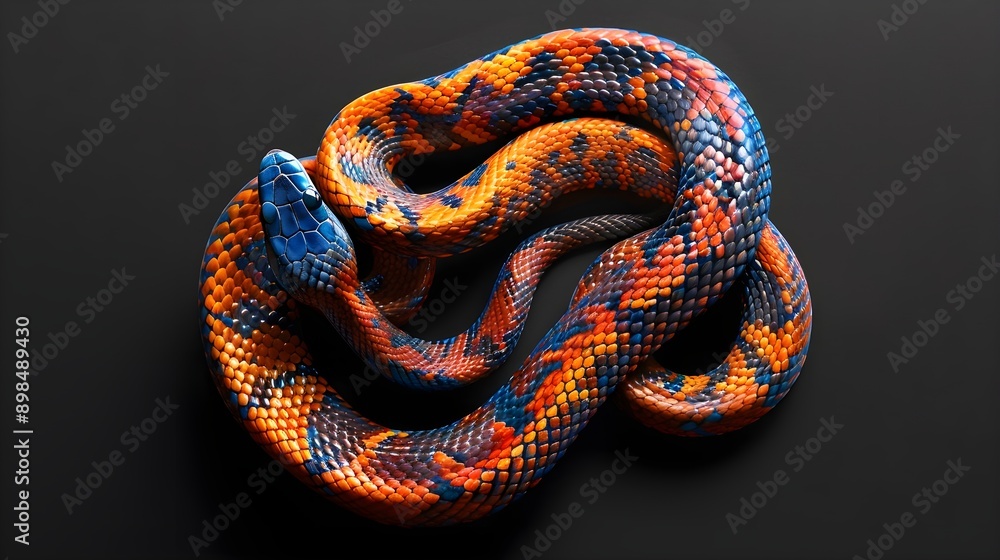 Fototapeta premium Bright snake covered with multi-colored spots on a black background, graphic resources