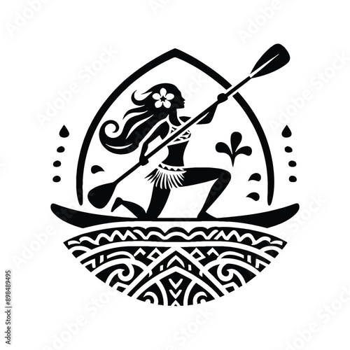Paddleboarding  female player in ethnic polynesia pattern illustration, emblem shield badge