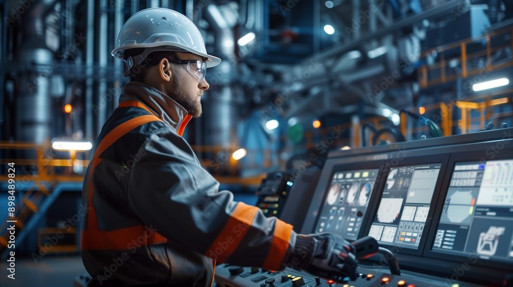An energy worker, engineer, monitors a control panel inside a power plant An energy worker, engineer, monitors a control panel inside a power plant