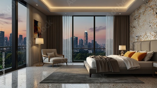 Modern style luxury interior with city view 3d render, There are terrazzo floor decorated wall with hidden light