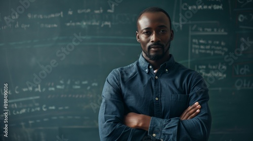 black teacher standing in front of class explaining lesson against blackboard