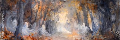 A watercolor swirl of spectral ghosts emerging from a haunted forest photo