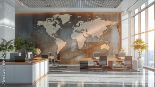 Modern office with world map mural, workstations, plants, and natural light. Stylish workspace design for productivity and creativity.